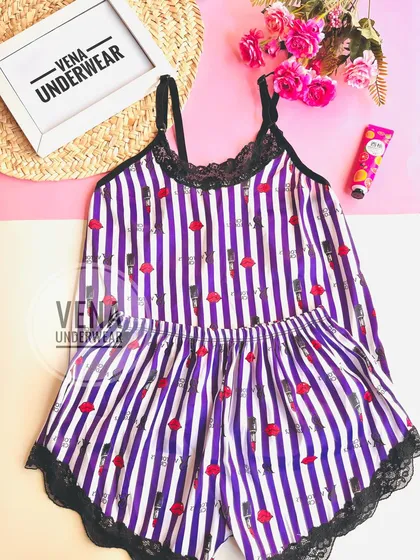 لباس خواب ساتن دو تکه طرح ویکتوریا سکرت (بنفش)