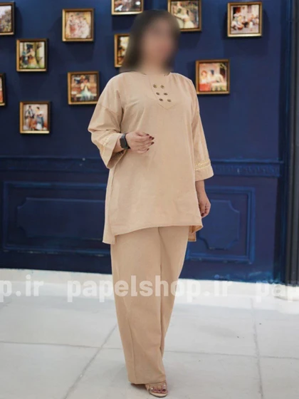 ست تونیک و شلوار لینن با نوار تزیینی سرآستین