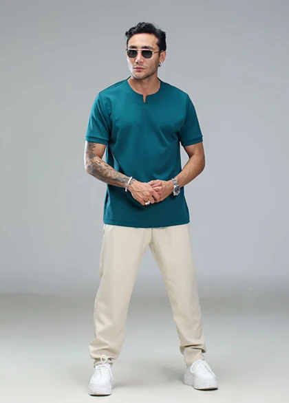 تیشرت آستین کوتاه یقه کوبایی سبز مردانه مدل Asam