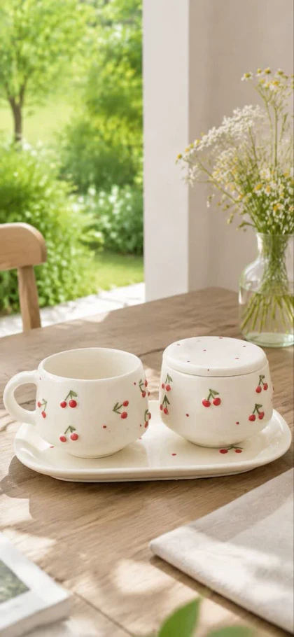 ست فنجان و قندان تک نفره چای خوری سرامیک برجسته آلبالو