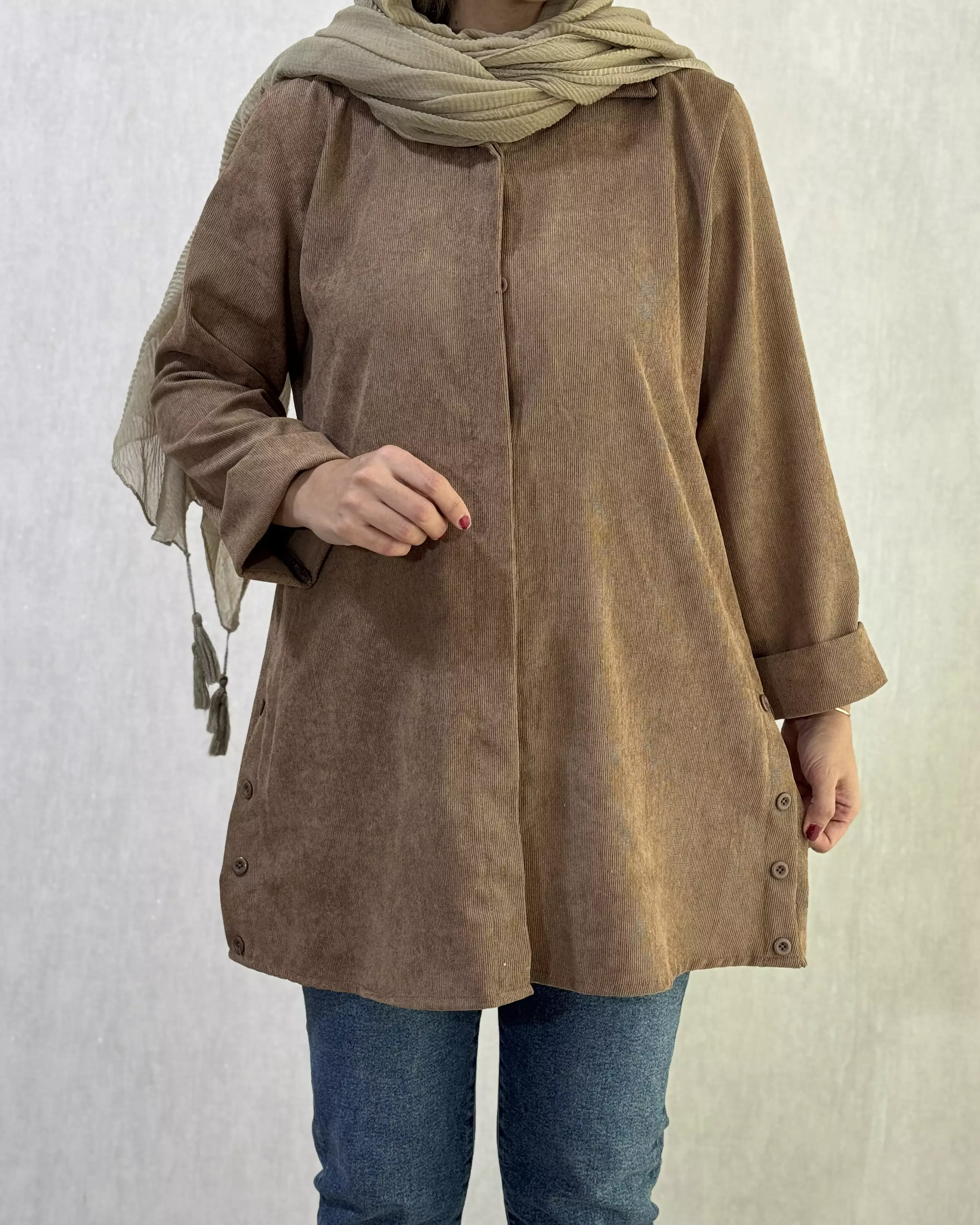 مانتو بغل دگمه مخمل کبریتی 1