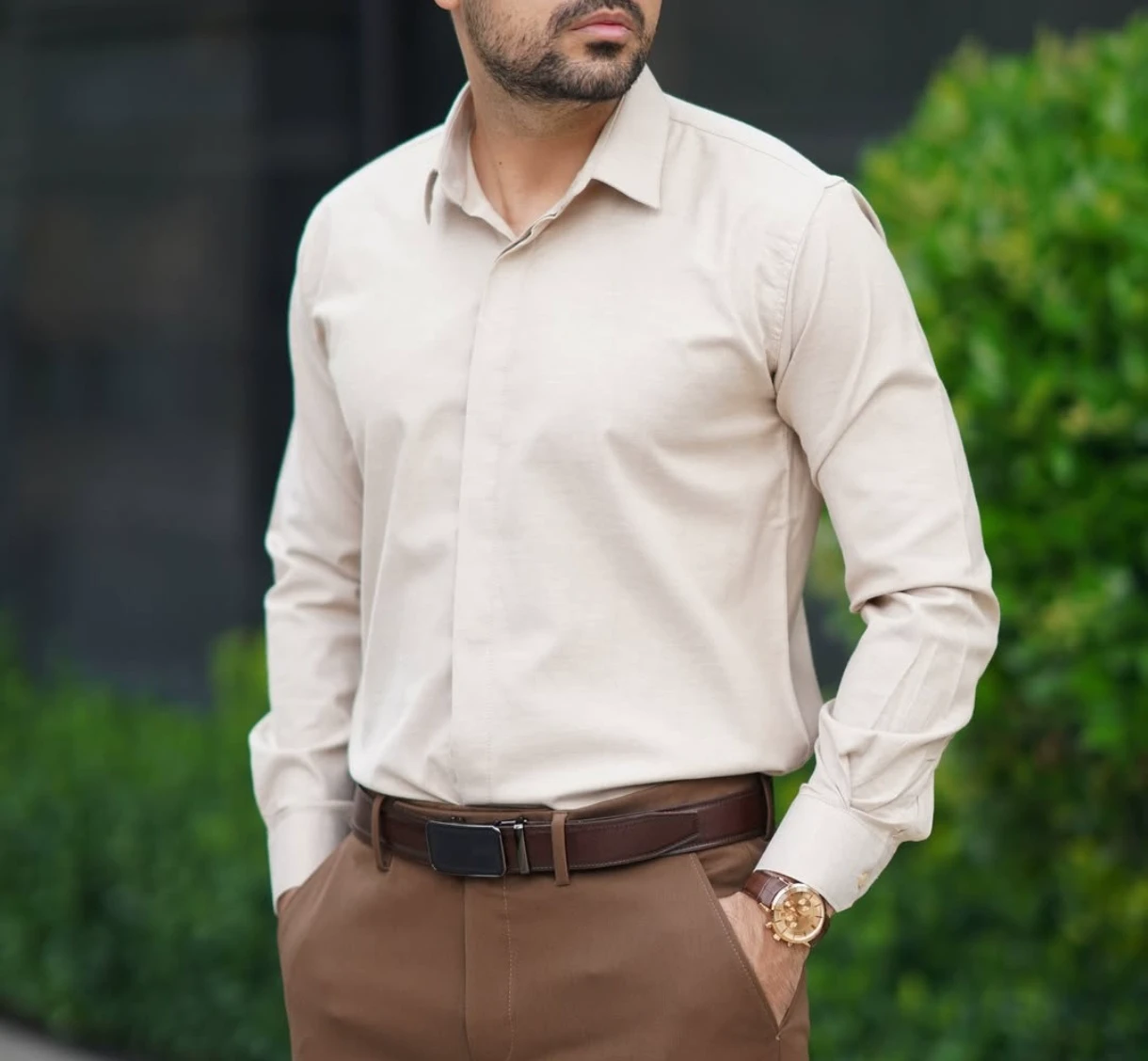 پیراهن آستین بلند کرم استخونی مردانه پارچه ساتن کش شبرو پنبه | کپ اسلیم فیت کد 5760