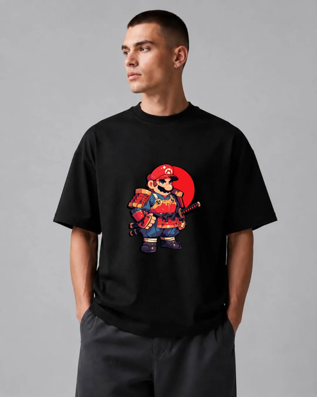 تیشرت باکسی طرح ترکیبی سوپرماریو و سامورایی سبک Chibi Action Streetwear