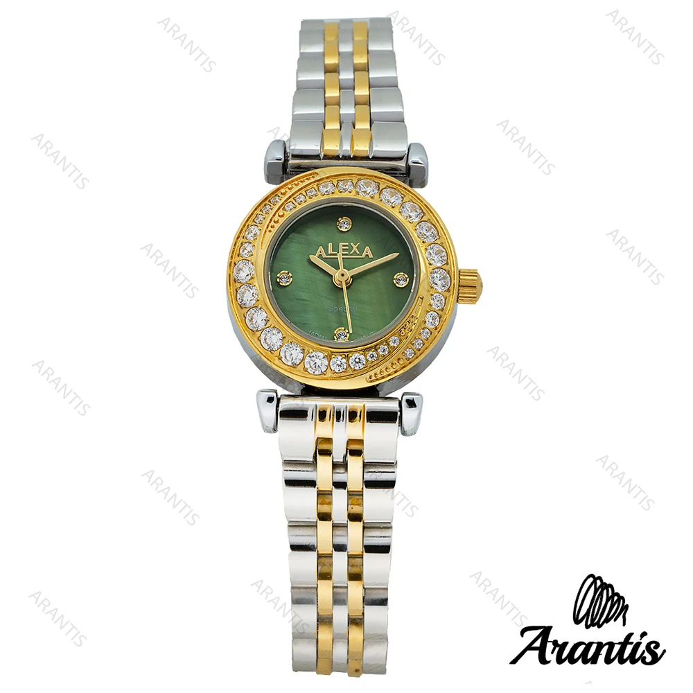 ساعت الکسا 2000z زنانه دو رنگ طلایی صفحه سبز دورنگین w-10103