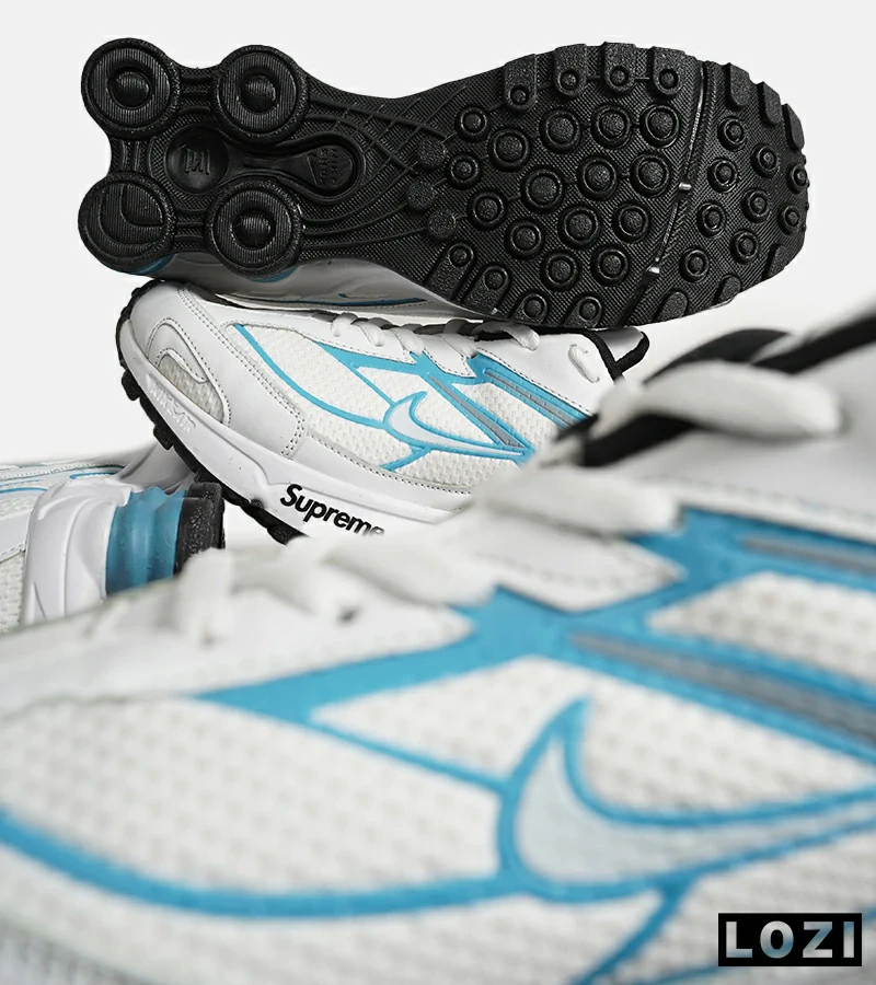 کفش کتانی مردانه سفید آبی نایک NIKE x SUPREME shox ride 2 مدل 7056