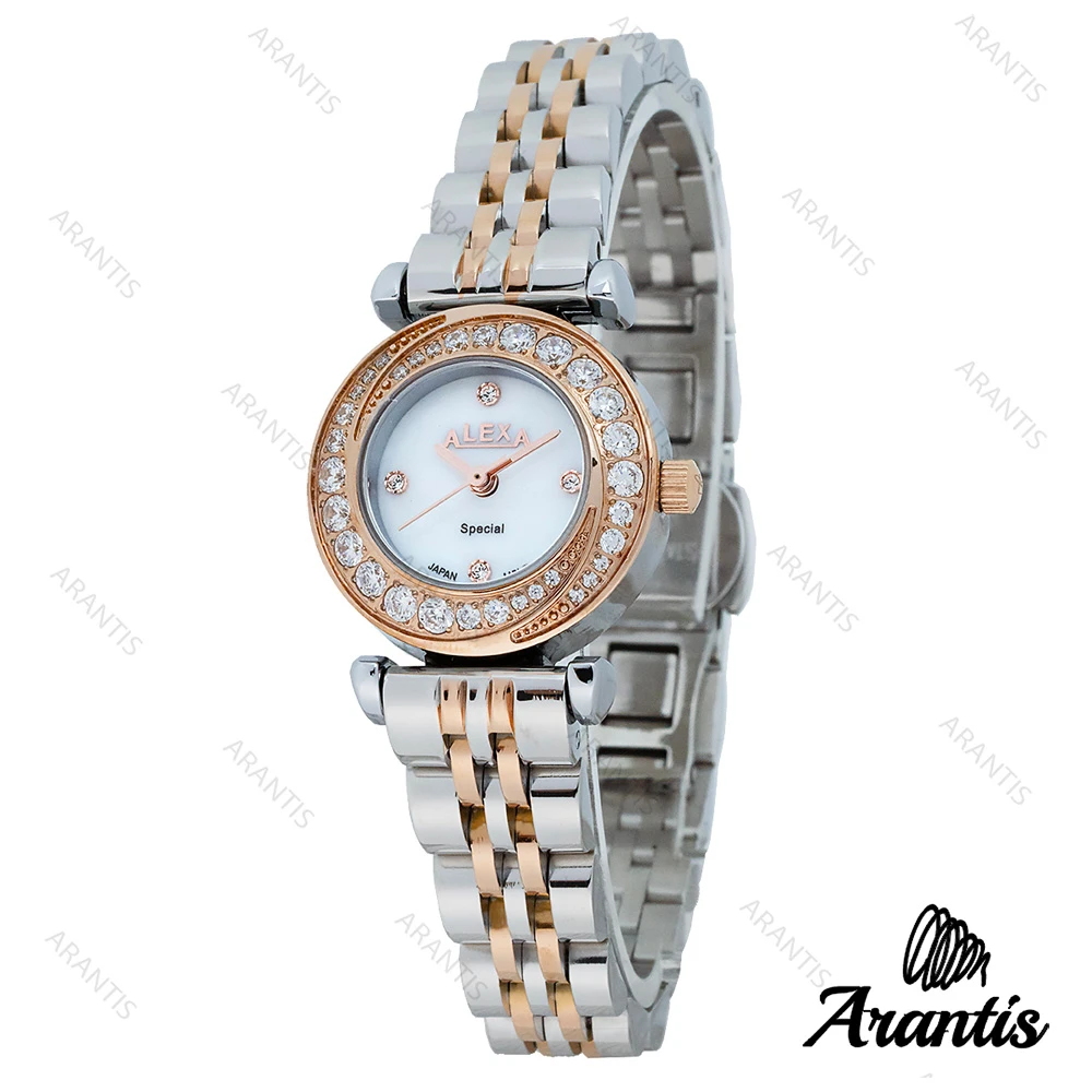 ساعت الکسا 2000z زنانه دو رنگ رزگلد صفحه سفید دورنگین w-10105