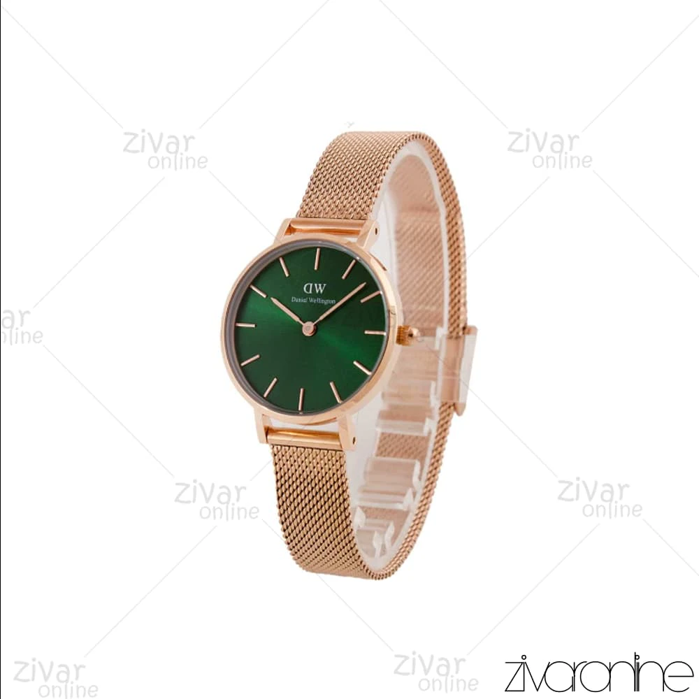 ساعت دنیل ولینگتون زنانه رزگلد صفحه سبز بند حصیری اسمال 104715