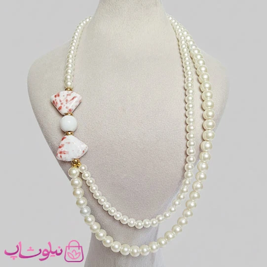 گردنبند زنانه دستساز مدل پاپیون با طرح مروارید دولاین کد 350