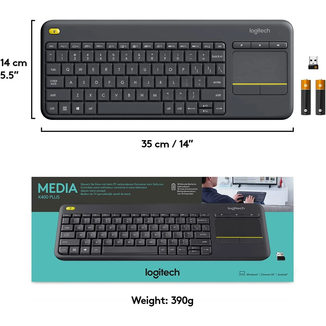 کیبورد بی سیم لاجیتک Logitech مدل K400 Plus با تاچ پد یکپارچه