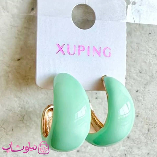 گوشواره حلقه‌ای ژوپینگ طلایی رنگ مدل سبز پاستیلی کد 4991