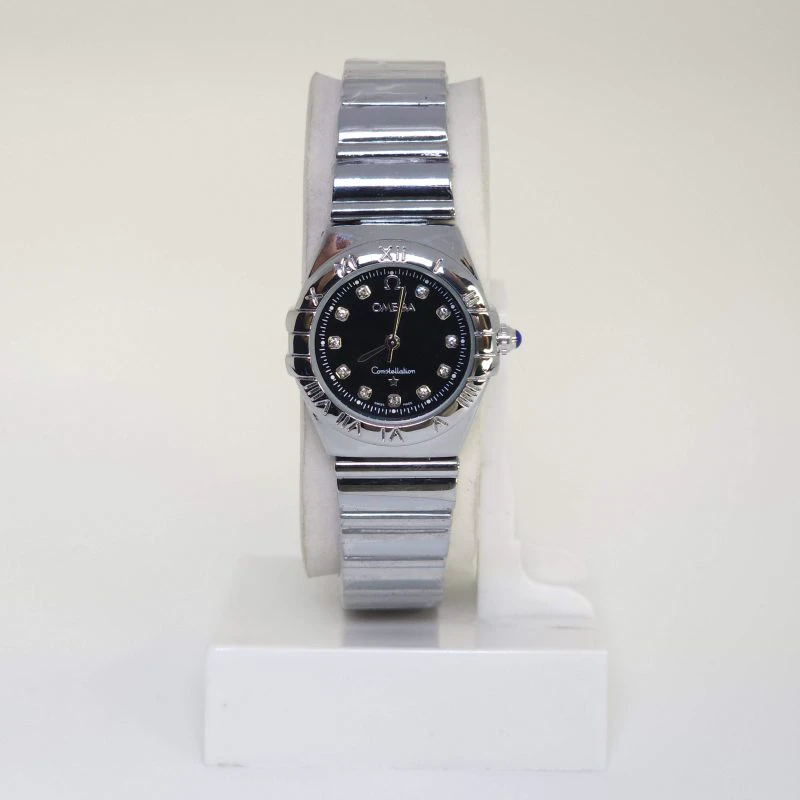 ساعت مچی زنانه امگا Omega تمام استیل با قفل پروانه ای (نقره ای با صفحه مشکی)