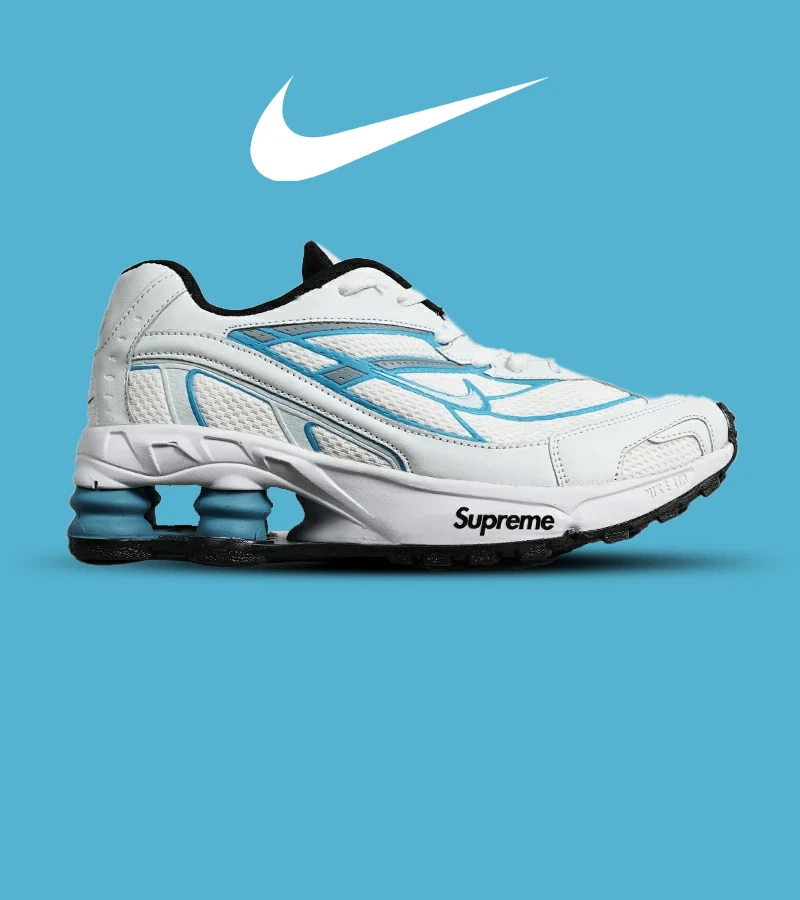 کفش کتانی مردانه سفید آبی نایک NIKE x SUPREME shox ride 2 مدل 7056