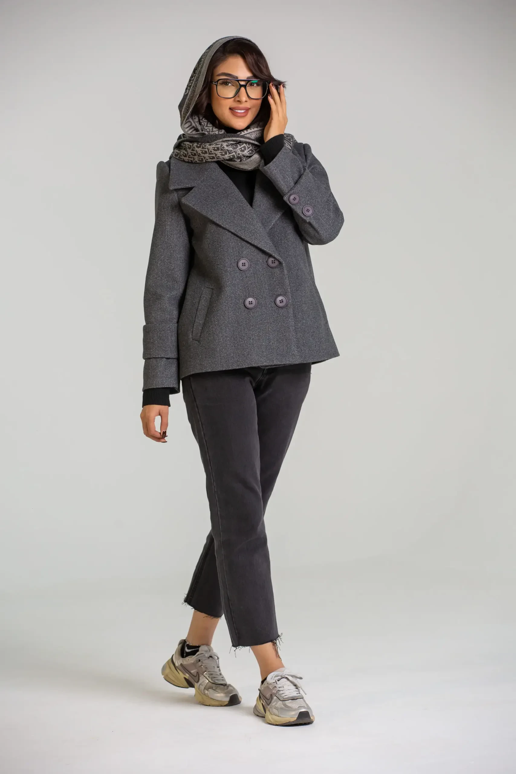 پالتو کت فوتر کراپ 4 دکمه (طوسی)