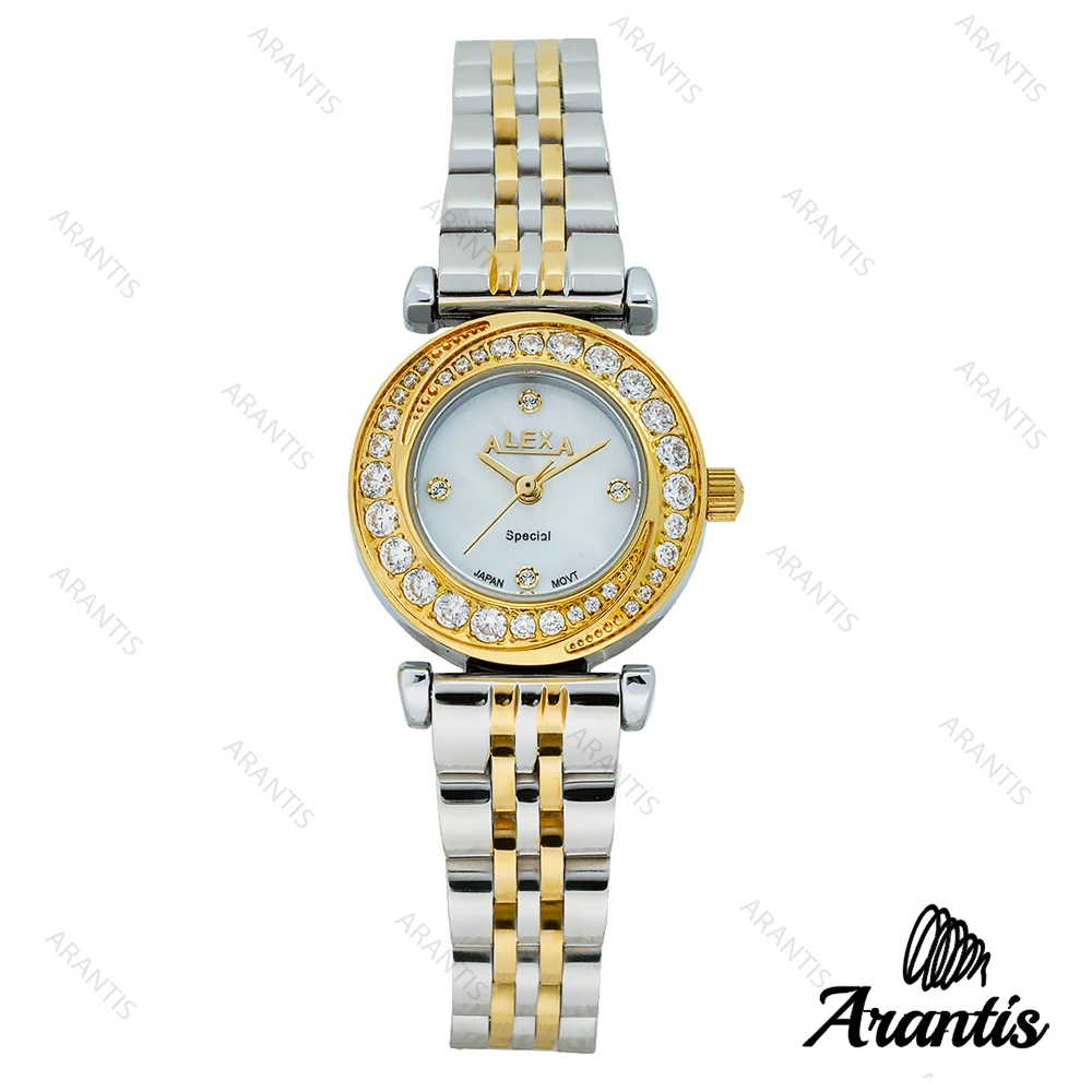 ساعت الکسا 2000z زنانه دو رنگ طلایی صفحه سفید دورنگین w-10104