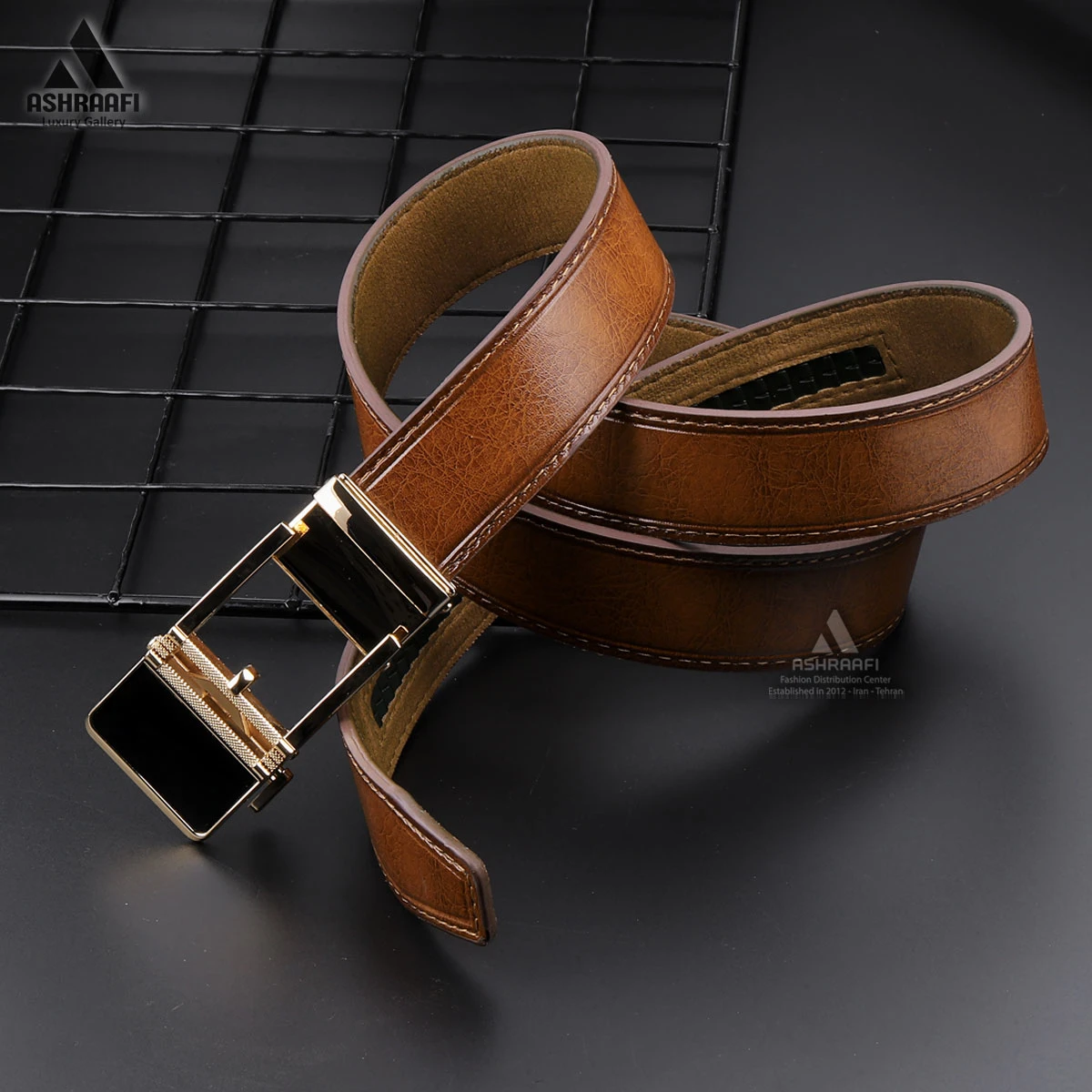 کمربند چرمی مردانه Leather Ratchet Belt BL147 (عسلی)